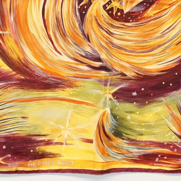 HERMES Carre 90 Scarf ""FEUX DU CIEL"" Silk Yellow Auth - Picture 6 of 16